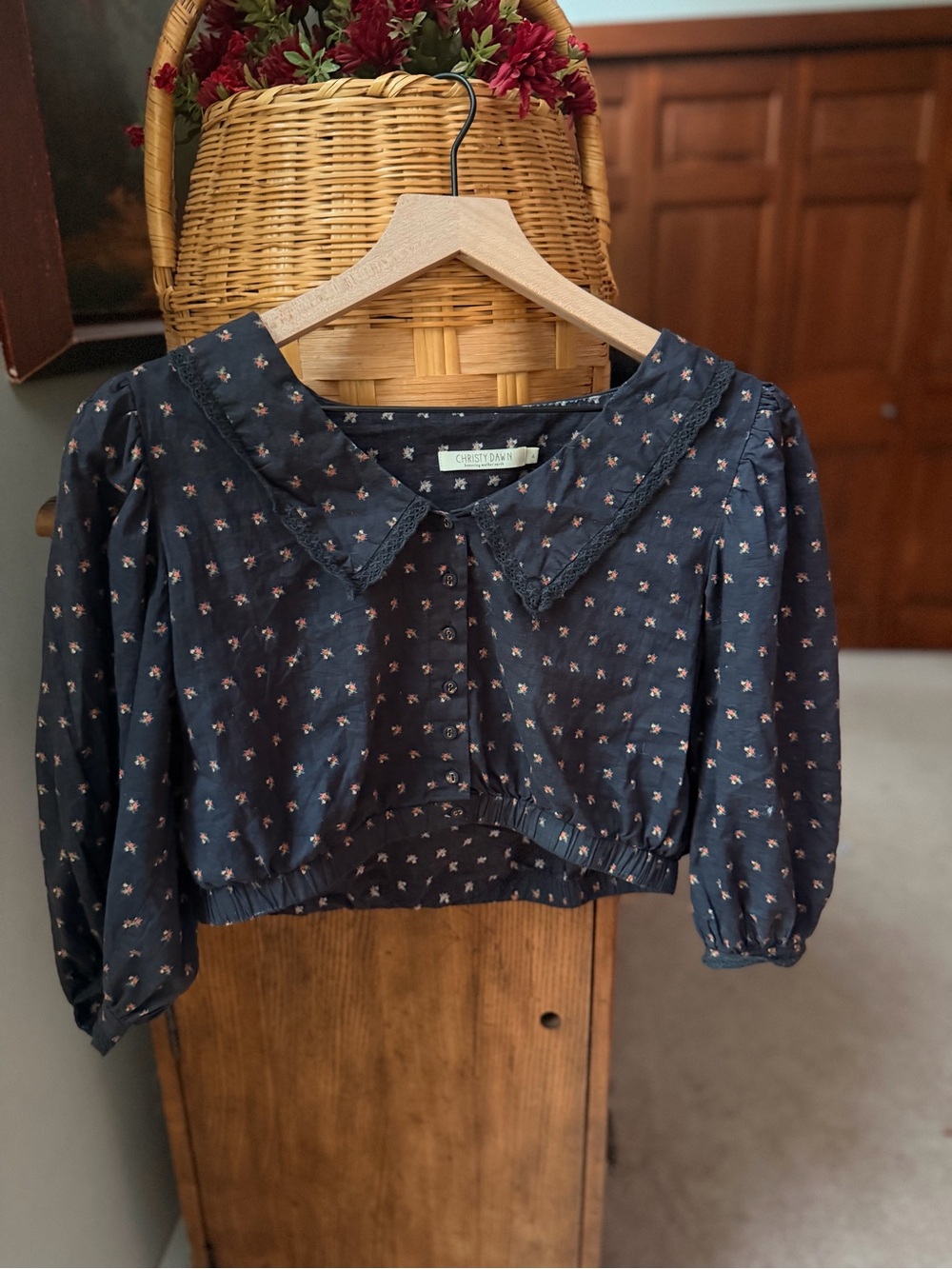 Christy Dawn Navy Floral Cropped Blouse with Peter Pan Collar